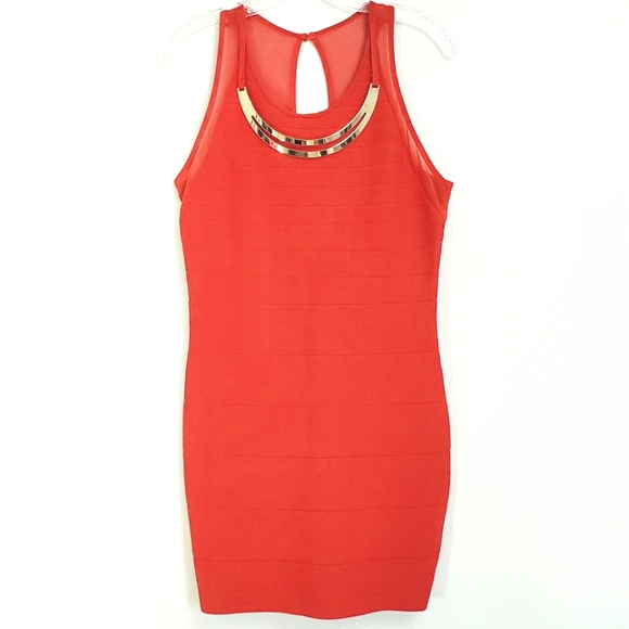 NWOT 2B Bebe Cherry Red Bandage Dress Gold/Neck… - Picture 2 of 14